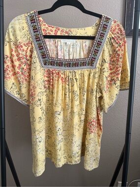 Yellow Floral Square-Neck Tunic with Embroidered Yoke